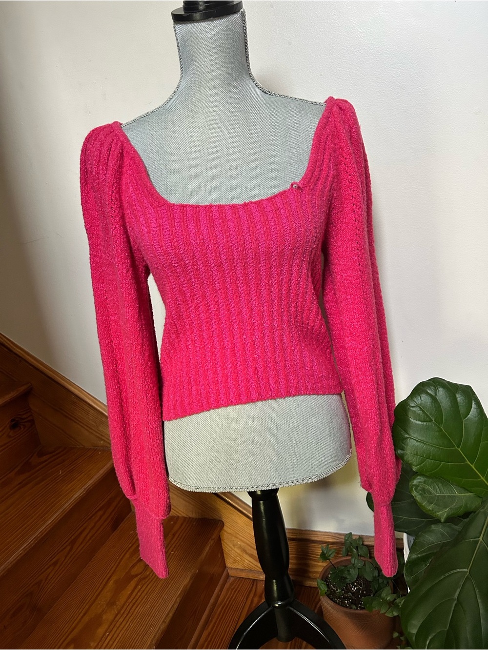 Free People Hot Pink Off-Shoulder Ribbed Sweater
